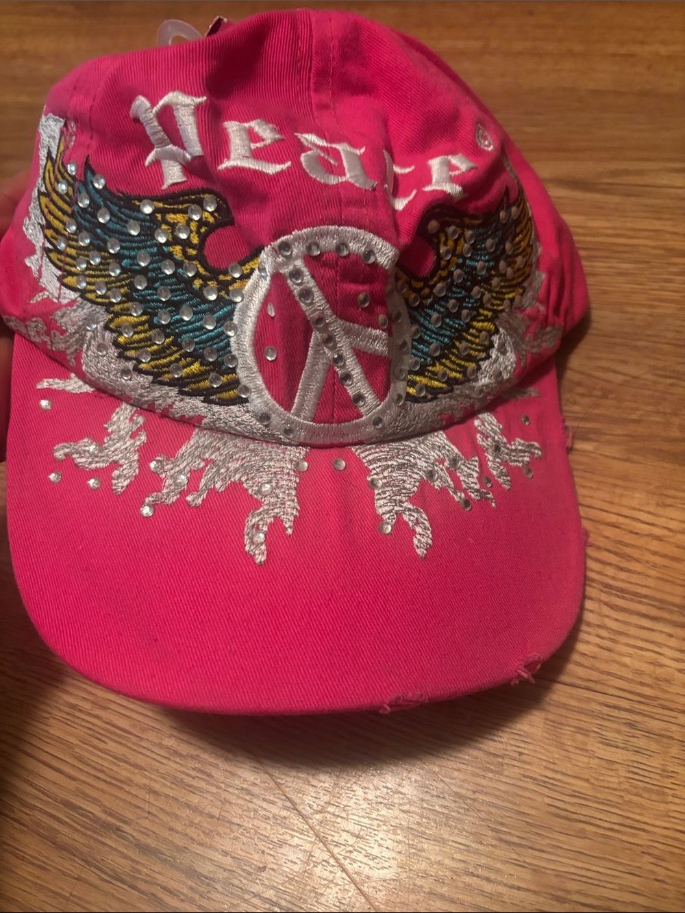 Hot Pink Embellished Wing Peace Sign Baseball Cap
